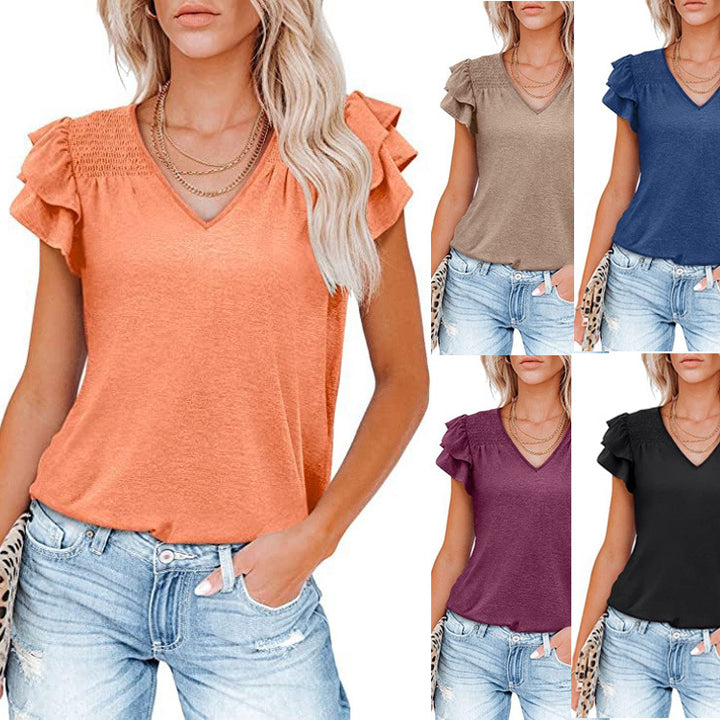 Women's Solid Color And V-neck Pleated Short Sleeves Loose Top-Blouses & Shirts-Zishirts