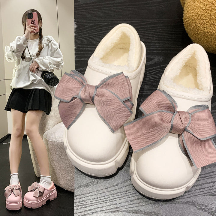 Bowknot Cotton Slippers Warm With Velvet Waterproof Home Indoor Platform Cotton Shoes-Womens Footwear-Zishirts