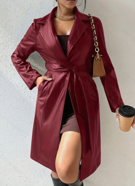 PU Long Sleeve Women's Slim Fit Long Trench Coat-Jackets-Zishirts