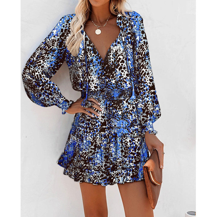 Printed Patchwork Puff Sleeve Waist Dress-Lady Dresses-Zishirts