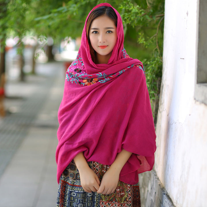 Ethnic Style Embroidered Floral Scarf Shawl Sunscreen Silk Female-Scarves & Wraps-Zishirts