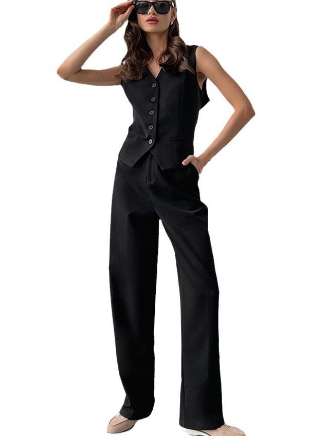 Women's Graceful And Fashionable Vest High Waist Straight Pants Suit-Suits & Sets-Zishirts