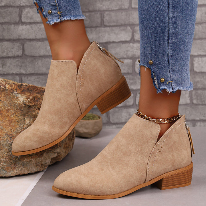 Chunky Heel Pointed Toe Ankle Boots With V-cut Design Fashion Fall Winter Short Boots For Women Shoes-Womens Footwear-Zishirts