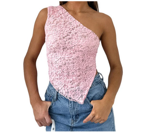 Ins Lace Backless Top Summer Solid Color Waistless Asymmetrical Sloped Neck Vest Streetwear Womens Clothes-Womens 2024 March-Zishirts