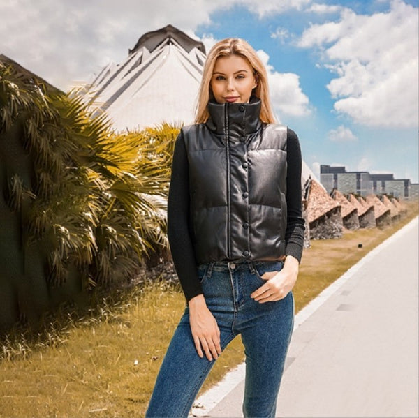 Polyester Cotton-padded Jacket Vest Sleeveless Stand Collar Vest Top-Women's Outerwear 2023-Zishirts