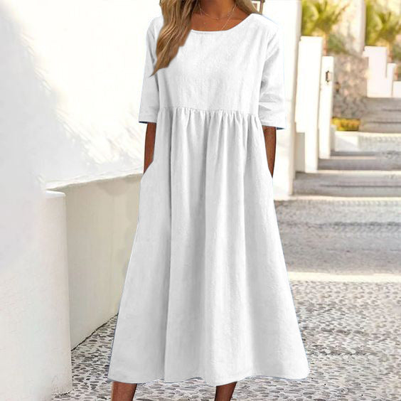 Spring And Summer New Round Neck 5-point Sleeve Plus Size Casual Loose Long Solid Color Cotton And Linen Dress-Womens 2024 March-Zishirts