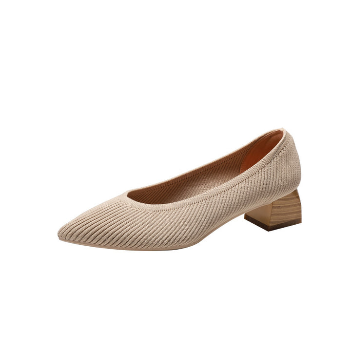 Wood Grain Thick Heel Pointed Breathable Casual Pumps-Womens Footwear-Zishirts