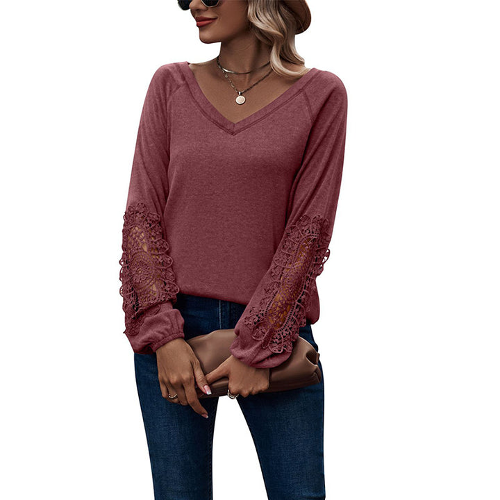 Loose Casual V-neck Lace Lace Long-sleeved-Blouses & Shirts-Zishirts