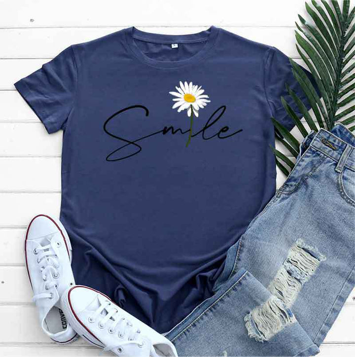 Women's Fashion Casual Daisy Print Short Sleeve T-shirt Top-Blouses & Shirts-Zishirts