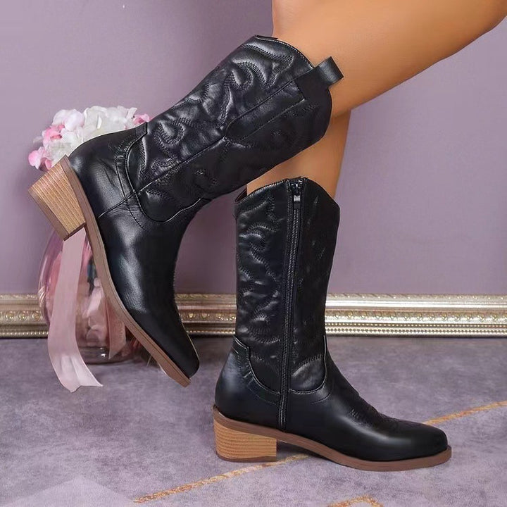 Chunky Heel Pointed Toe Western Boots Fashion Mid-tube Solid Knight Boot Autumn And Winter Shoes For Women-4-Zishirts