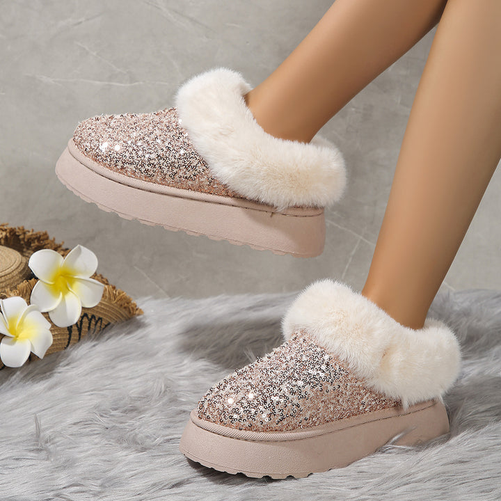 Fashion Sequined Thick-soled Plush Shoes Winter Indoor And Outdoor Casual Warm Slippers Women Garden House Shoes-Womens Footwear-Zishirts