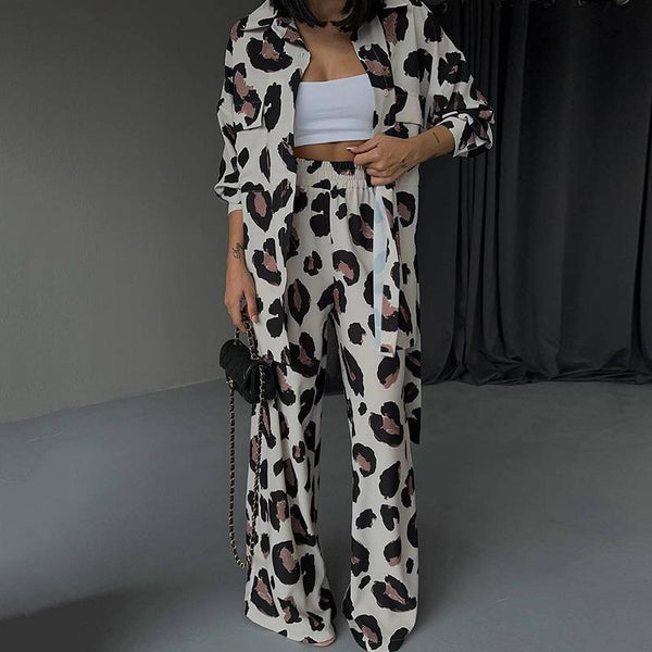 Printed Design Long-sleeved Shirt Wide-leg Pants Two-piece Set-Suits & Sets-Zishirts