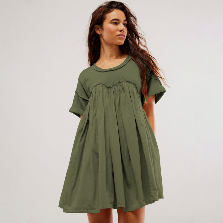 Lotus Leaf Short Skirt High Waist Spring And Summer New Casual Short Sleeve Round Neck Holiday Dress Women-Women's Outerwear 2023-Zishirts