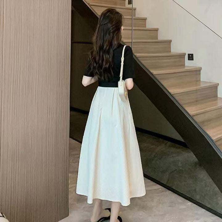 Square-neck Cinched Slimming Patchwork Niche Long Skirt-Lady Dresses-Zishirts