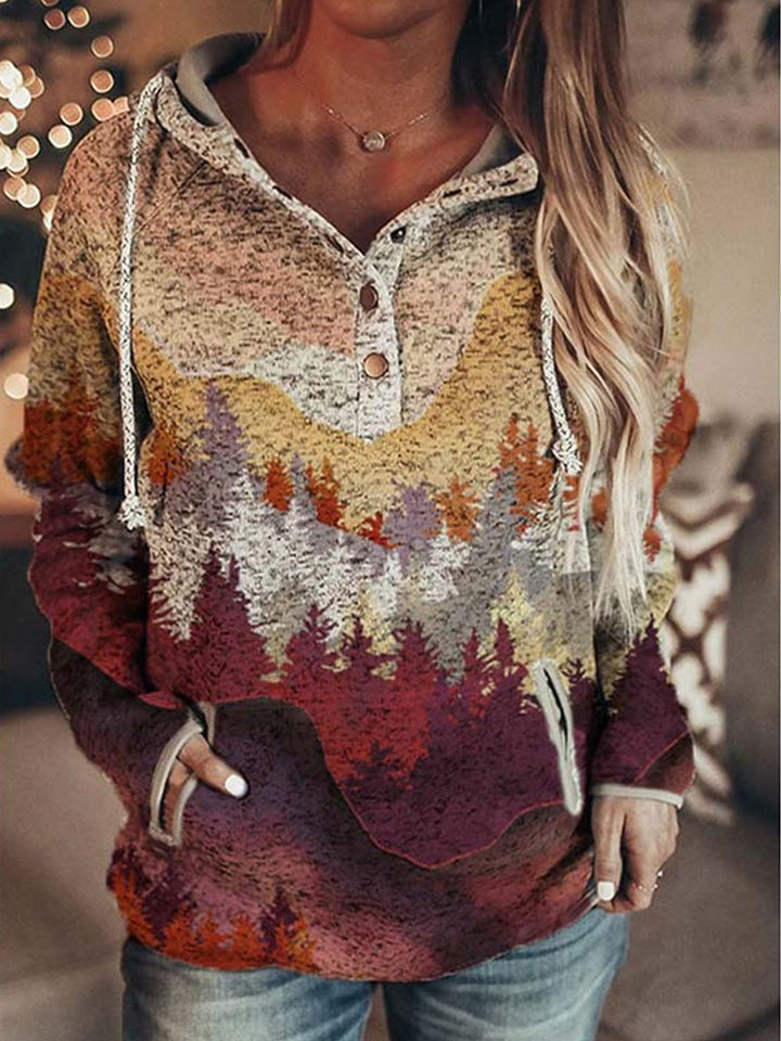 Retro Animal Nature Abstract Printing Brown Button Hoodie-Women's Outerwear 2023-Zishirts