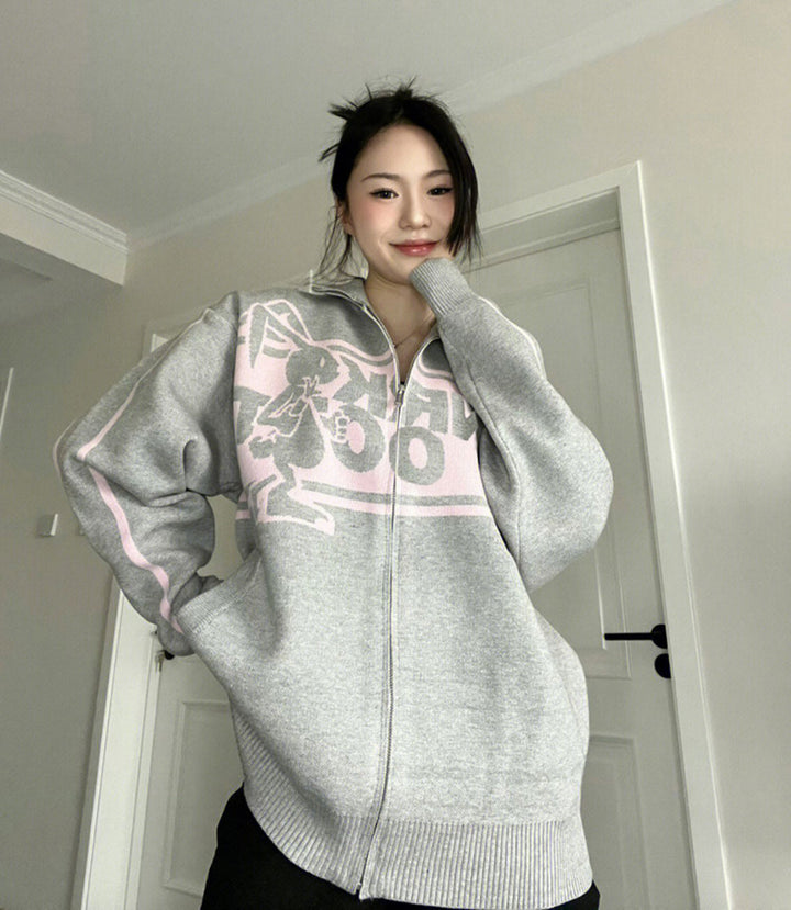 Street Rabbit Cardigan Polo Neck Sweater Female Autumn And Winter-Sweaters-Zishirts