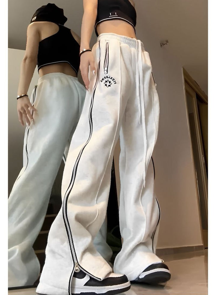 Vintage Zipper Wide-leg Pants Women's Casual Sports Mop Pants-Suits & Sets-Zishirts