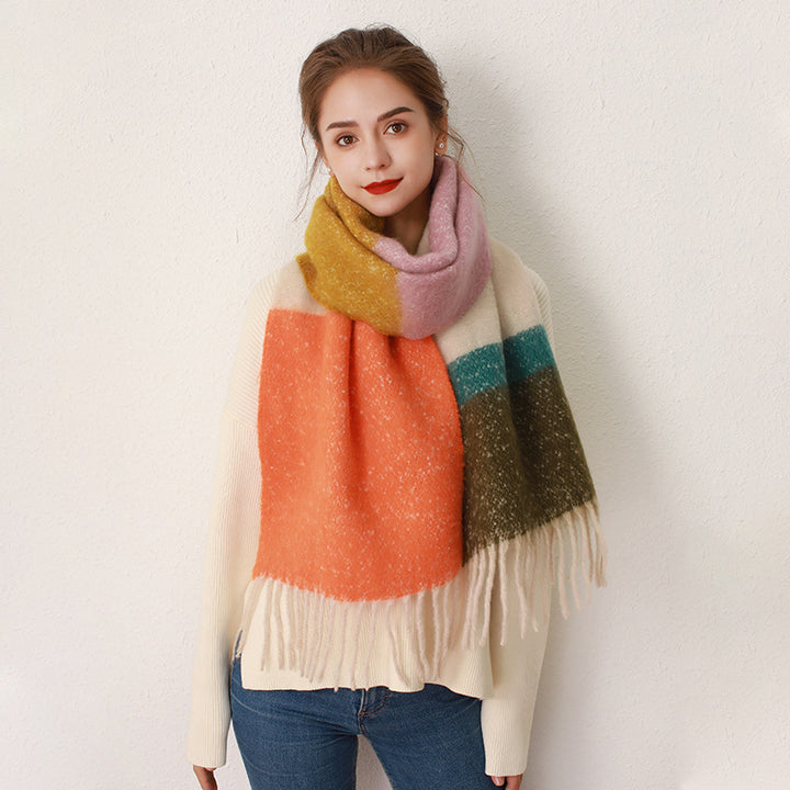 Striped Plaid Fringed Cashmere Mohair Scarf-Scarves & Wraps-Zishirts