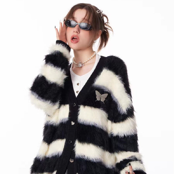 Black And White Striped Soft Glutinous Thick Lazy Knitted Cardigan-Sweaters-Zishirts