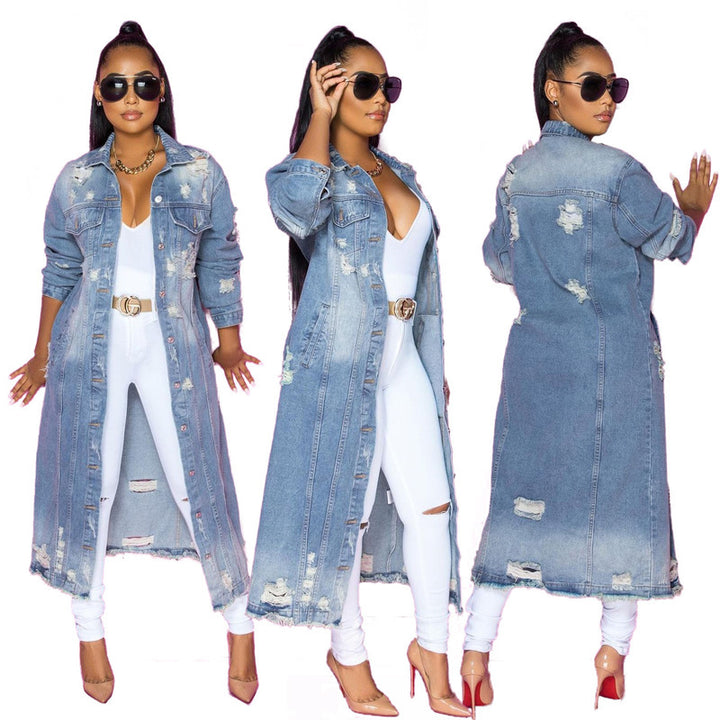 Lapel Style Women's Washed Loose Hole Top Denim Jacket-Jackets-Zishirts