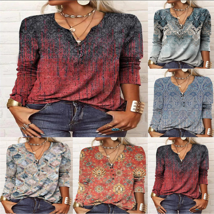 Women's Casual Ethnic Style V-neck Long-sleeved T-shirt-Womens 2024 March-Zishirts