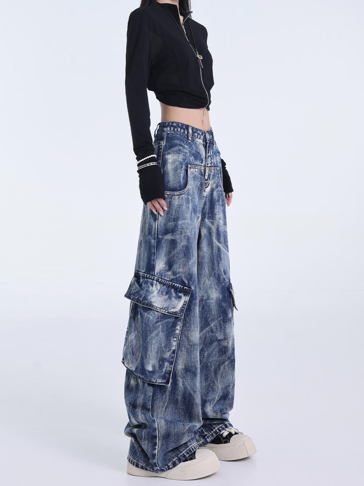 Retro Heavy Industry Washed Tie-dyed Jeans Straight Wide Leg Overalls-Woman Jeans-Zishirts