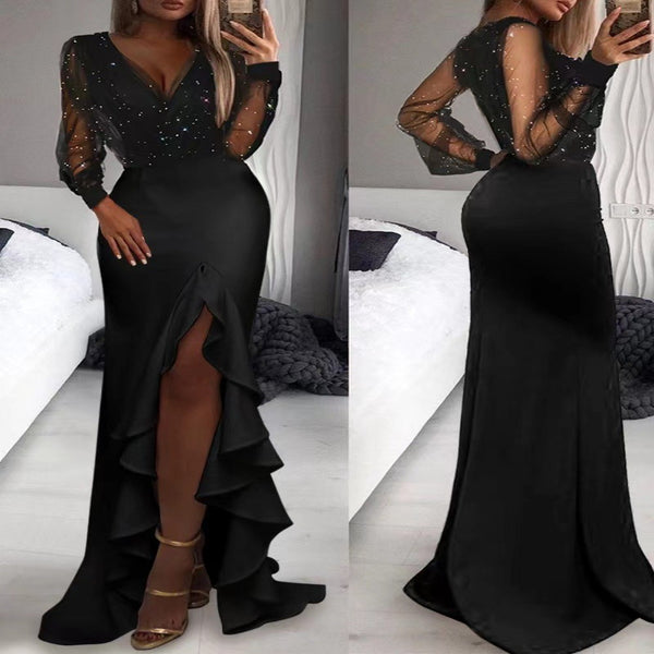 Package Hip Mid-rise Abdomen-control Black Mesh Sequins Dress-Lady Dresses-Zishirts