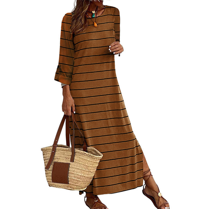 Long Sleeve Striped Printed All-matching Casual Style Pullover Dress-Lady Dresses-Zishirts