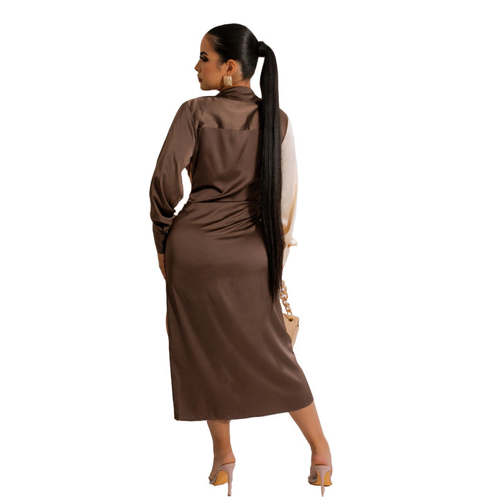 Women's Stitching Strap V-neck Long-sleeve Dress-Lady Dresses-Zishirts