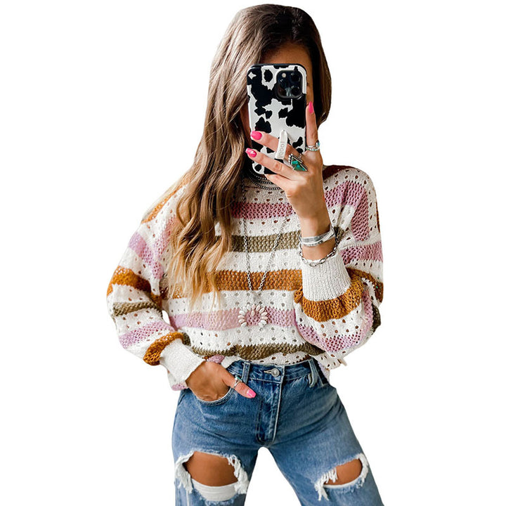 Leisure Personality Stitching Striped Round Neck Sweater-Sweaters-Zishirts