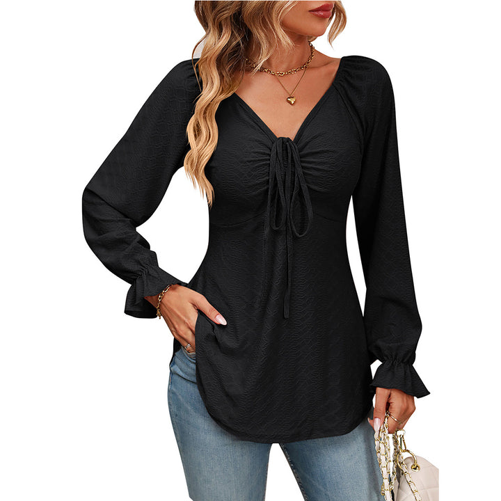 New European And American V-neck Drawstring Waist Sexy Long Sleeve Solid Color T-shirt-Blouses & Shirts-Zishirts