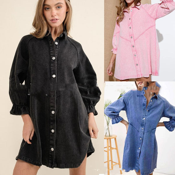 Lantern Sleeve Denim Polo Shirt Jumpsuit Skirt-Lady Dresses-Zishirts