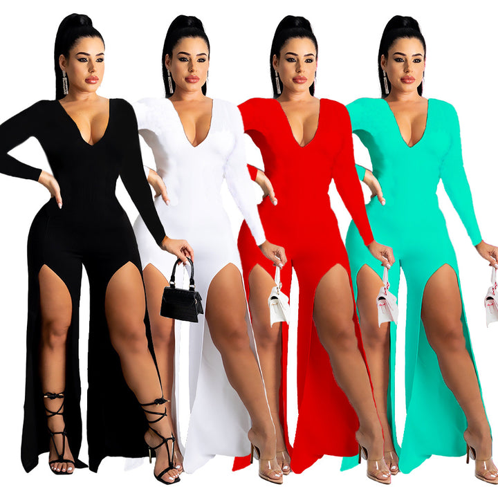 Women's V-neck Solid Color Split Leg Jumpsuit-Suits & Sets-Zishirts