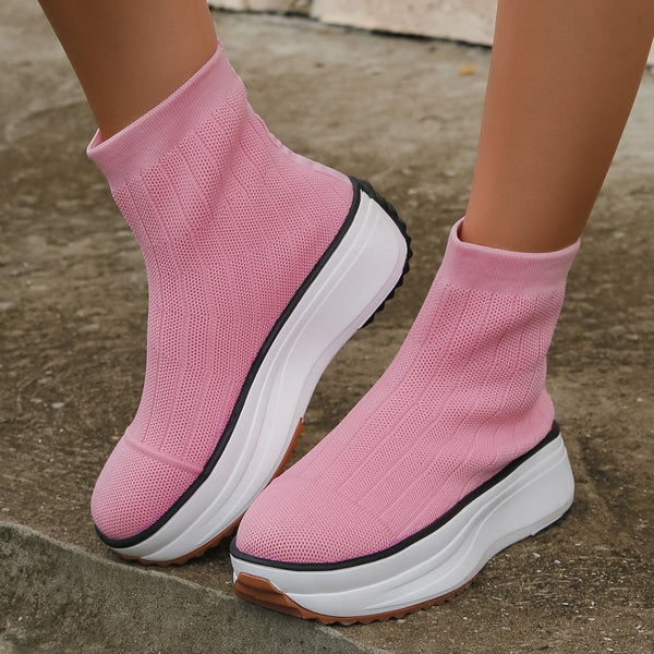 Women's Thick-soled Boots Knitted Round Toe Socks Shoes Casual Breathable Solid Color Flying Knit Ankle Boots-Womens Footwear-Zishirts