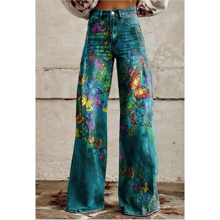 Fashion Women's Printed High Waist Loose Thin Imitation Denim Wide Leg Pants-Woman Jeans-Zishirts