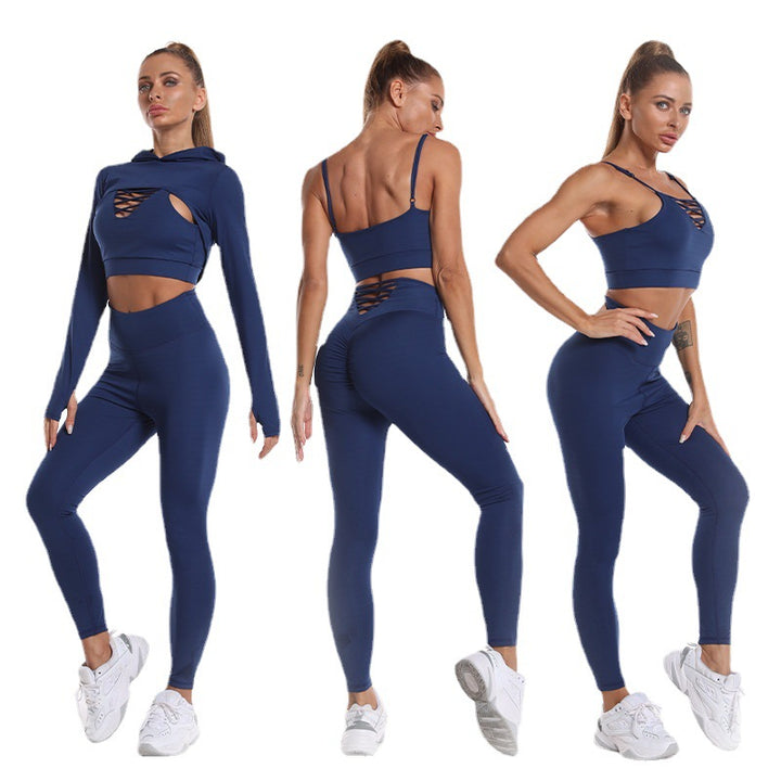 3pcs Sports Suits Long Sleeve Hooded Top Hollow Design Camisole And Butt Lifting High Waist Seamless Fitness Leggings Sports Gym Outfits Clothing-Women's Outerwear 2023-Zishirts