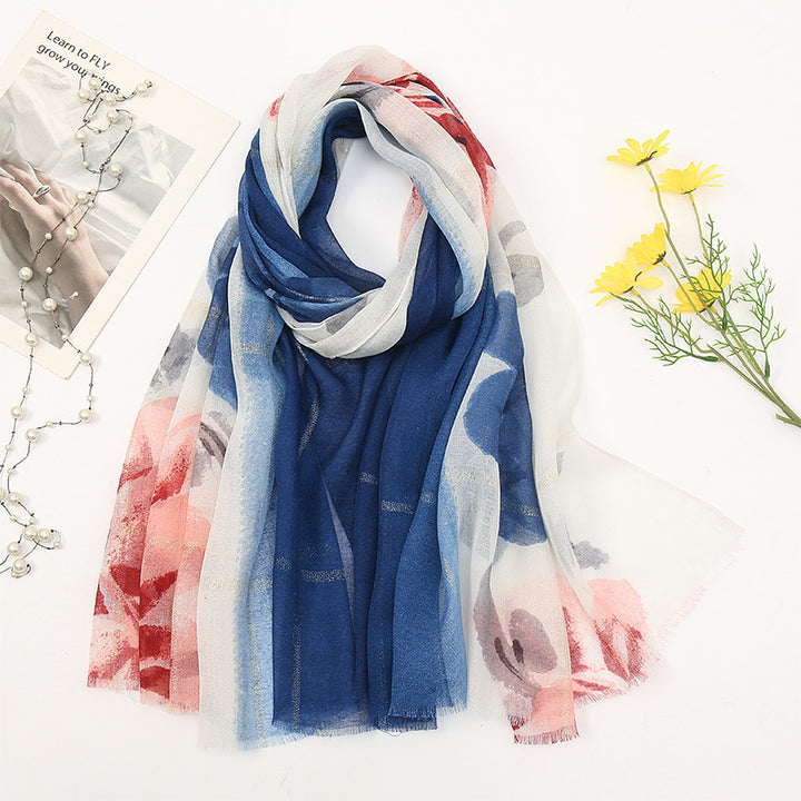 Women's Cotton And Linen Fleece Trimmed Printed Scarf-Scarves & Wraps-Zishirts