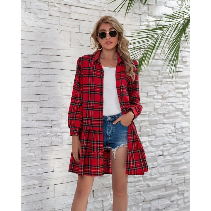 Plaid Shirt Long Sleeve Single Breasted Dress-Lady Dresses-Zishirts