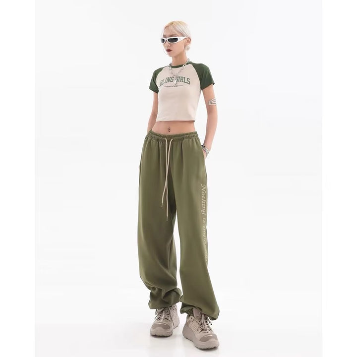 American Retro Green Wide-leg Casual Pants-Suits & Sets-Zishirts
