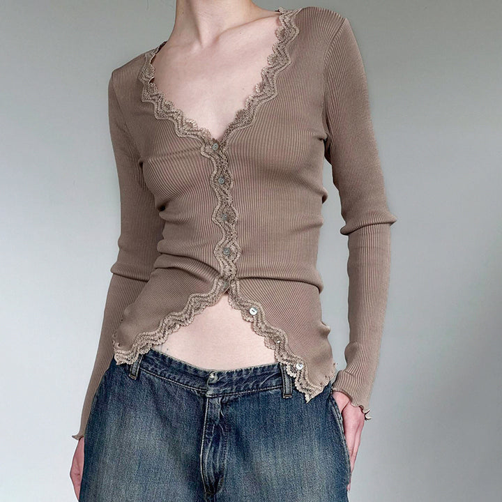 Lace Spliced Ribbed Slim Long Sleeve T-shirt-Blouses & Shirts-Zishirts