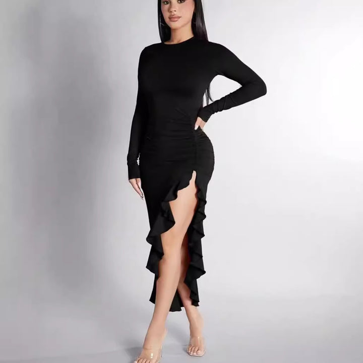 Round Neck Long Sleeve Slim Solid Color Frill Split Ruffled Dress-Lady Dresses-Zishirts