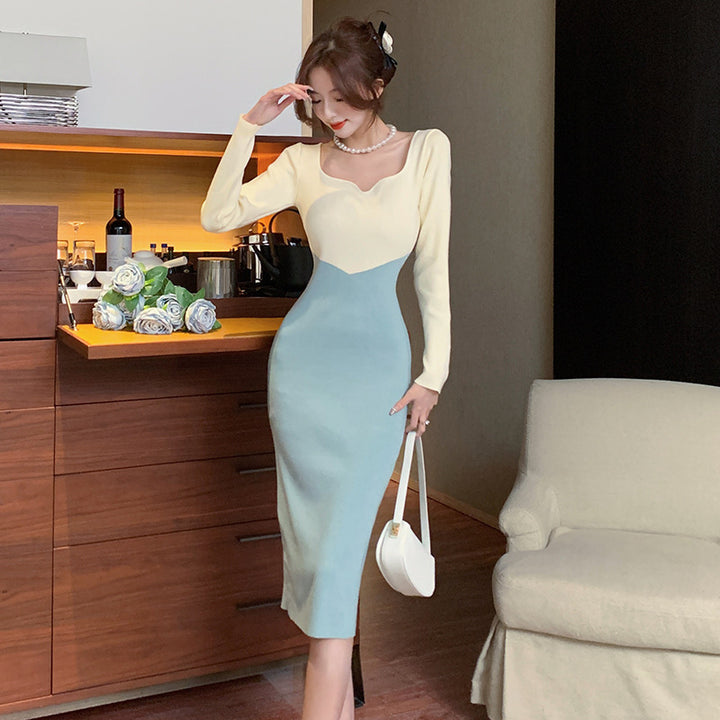 Autumn Elegant Knitted Contrast Color Slim Fit Sheath Dress-Lady Dresses-Zishirts