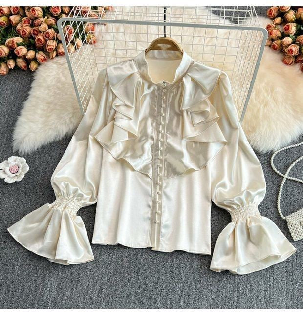 Bell Sleeve Stand Collar Acetate Satin Shirt French Style Design Loose Top For Women-Blouses & Shirts-Zishirts