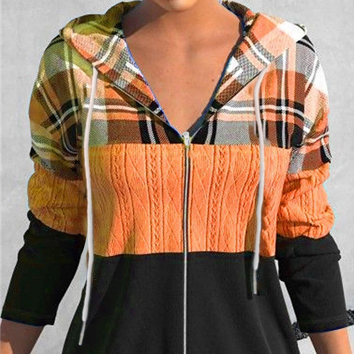 Women's Zipper Cardigan Hooded Plaid Printed Sweater-Womens 2024 March-Zishirts