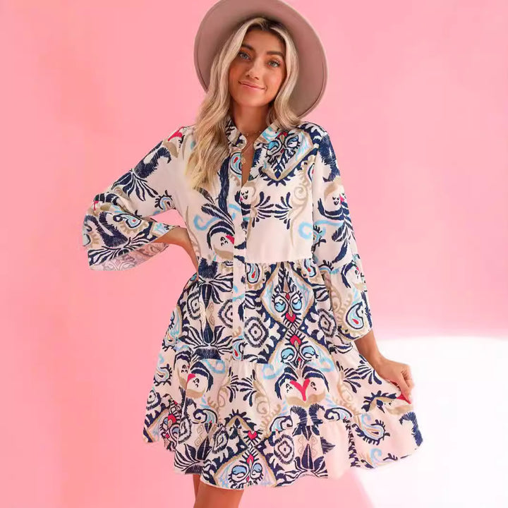 New Bohemian Style Printed Layered Mini Dress-Lady Dresses-Zishirts