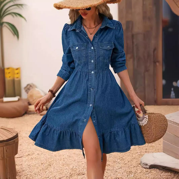 European And American Lapel Long Sleeve Stitching Casual Dress-Lady Dresses-Zishirts