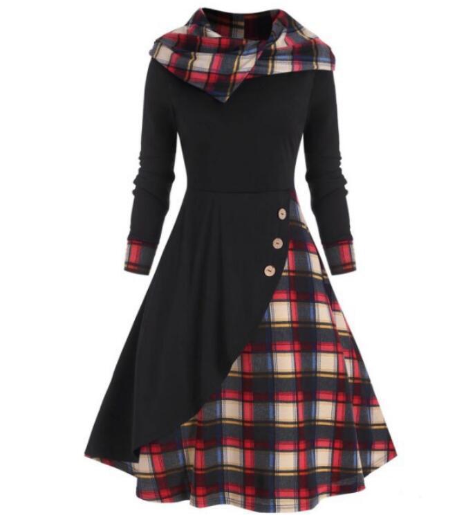 Plaid Stitching Hooded Turtleneck Dress-Lady Dresses-Zishirts