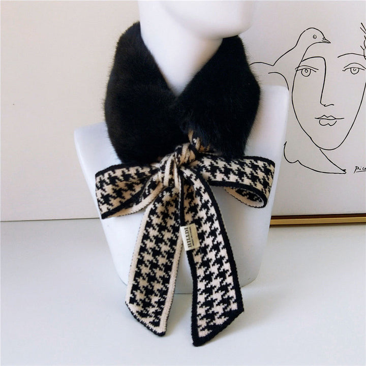 Houndstooth Fur Collar Scarf Women's Korean-style Plush Scarf Winter Warm Thickened Women's Scarf-Scarves & Wraps-Zishirts