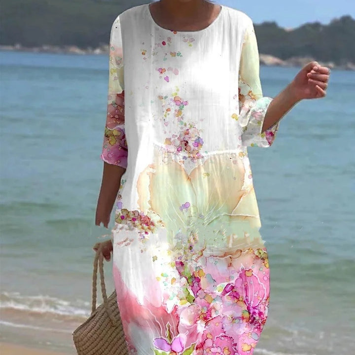 Spring And Summer Floral Print Round Neck Dress-Womens 2024 March-Zishirts