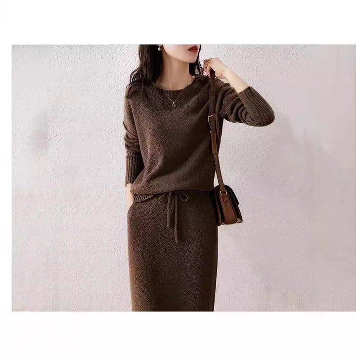 Drawstring High Waist Pure Color Wool Knitted Dress Two-piece Set-Suits & Sets-Zishirts